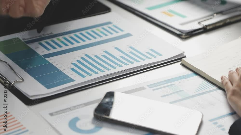 Business people, collaboration and paperwork with hands, statistics and social media trends. Office, writing and review of content creation team with SEO and target audience info for web update