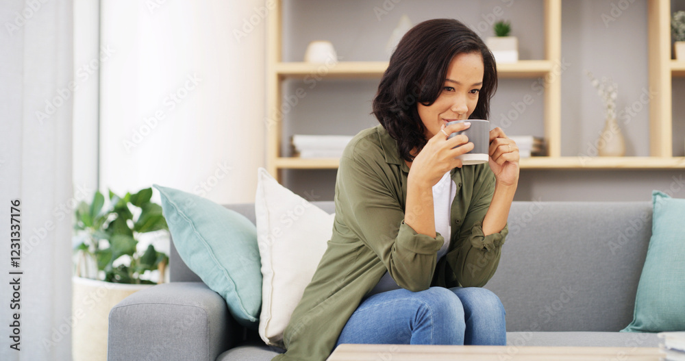 Relax, thinking and woman on sofa with coffee, inspiration and calm morning in living room of home. Break, peace and happy girl on couch with drink, tea and ideas for weekend planning in apartment