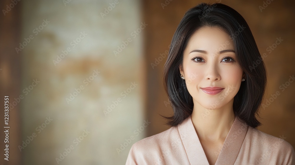 A poised woman in traditional attire smiles gently, set against a soft, earthy background that evokes a sense of calmness and elegance. A poised woman in traditional attire smiles gently, set against a soft, earthy background that evokes a sense of calmness and elegance.