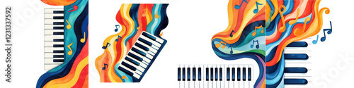 Colorful Abstract Piano Design with Musical Notes and Vibrant Swirls
