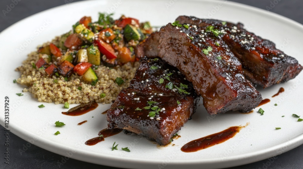 Grilled beef steak with quinoa and vegetables on a white plate Grilled beef steak with quinoa and vegetables on a white plate