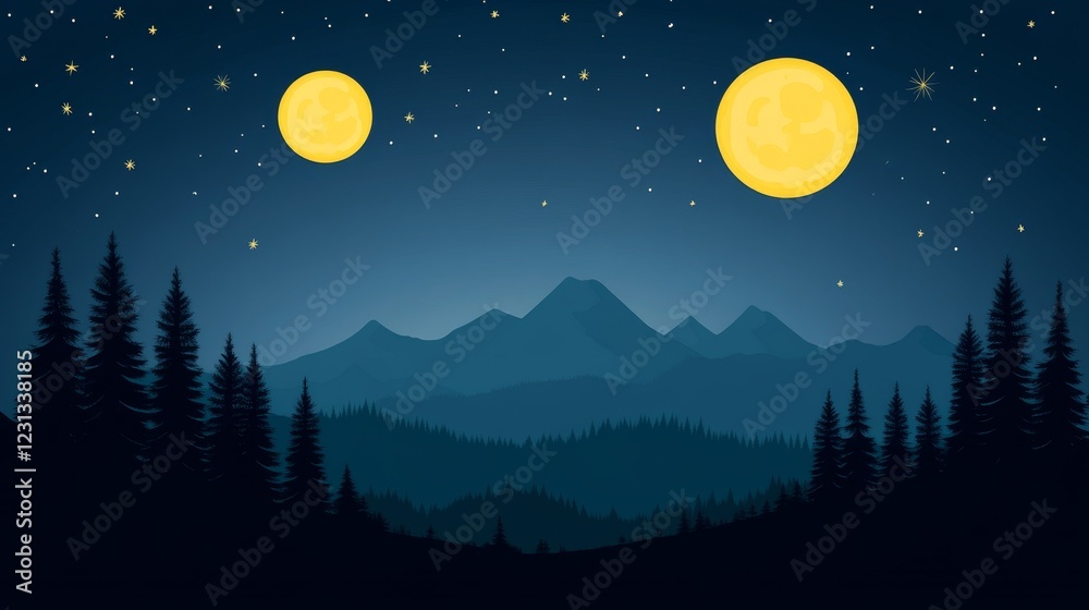 Silhouetted mountain range under a night sky with two luminous celestial bodies Silhouetted mountain range under a night sky with two luminous celestial bodies