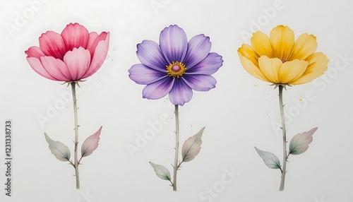 Fototapeta Naklejka Na Ścianę i Meble -  Three watercolor cosmos flowers in pink, purple, and yellow with delicate stems and leaves on a white background