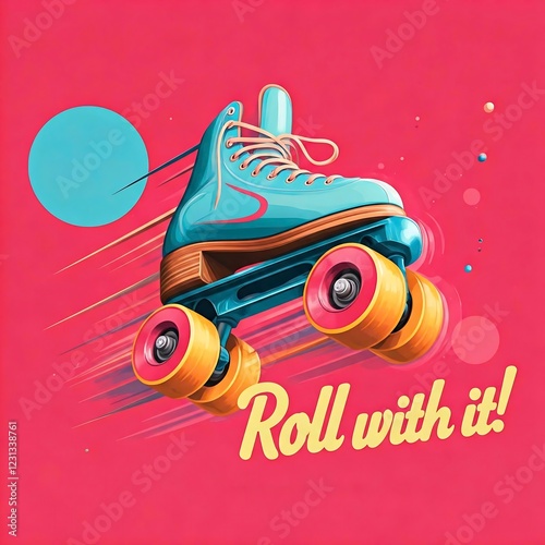 A vibrant and bold pop art poster with  roller skate, its wheels spinning, leaving a trail of colorful streaks. Bold typography reads 