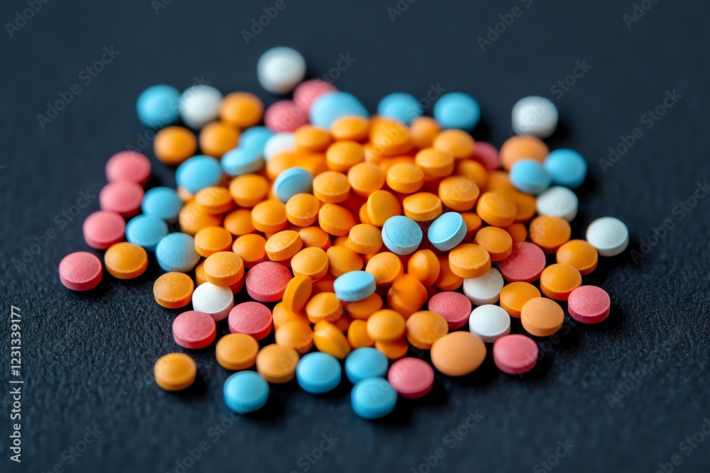 Obraz premium A vibrant pile of colorful pills in various shapes and hues, perfect for health, pharmaceutical, or artistic concepts. Bright, diverse, and eye-catching