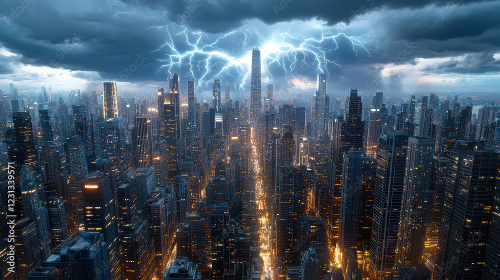 Fototapeta premium dramatic electric blue thunderstorm illuminates cybernetic metropolis