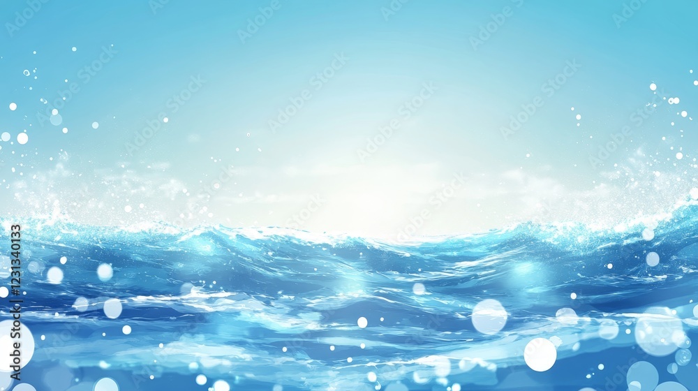 A blue ocean with white bubbles and a bright blue sky. The water is calm and peaceful. The bubbles are scattered throughout the water, creating a sense of movement and energy A blue ocean with white bubbles and a bright blue sky. The water is calm and peaceful. The bubbles are scattered throughout the water, creating a sense of movement and energy