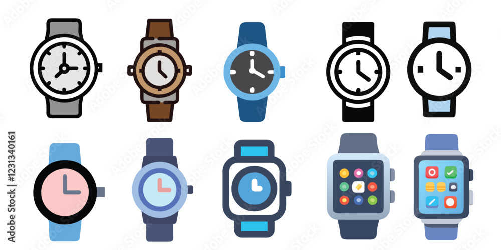 Vector Set of Wristwatches and Smartwatches in Flat Icon Style Vector Set of Wristwatches and Smartwatches in Flat Icon Style