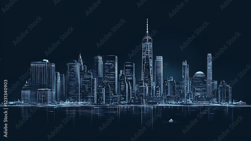 Obraz premium Nighttime New York City skyline sketch, showing skyscrapers and water reflection. Possible use Background image