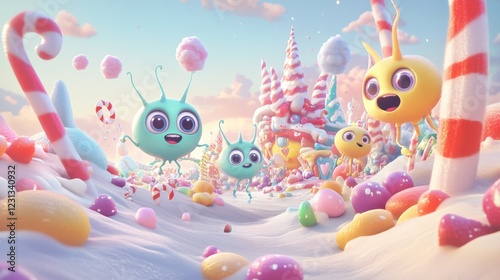 Adorable Alien Creatures Exploring a Whimsical Candy Land