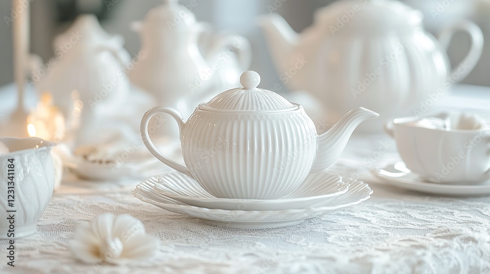 Fototapeta premium White Teapot, elegant tableware, cozy setting, candlelight background, tea party