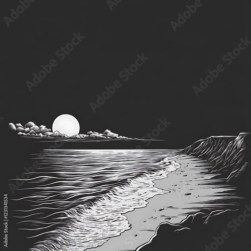 Night beach scene, moonlit waves, shoreline view, graphic art, print design photo