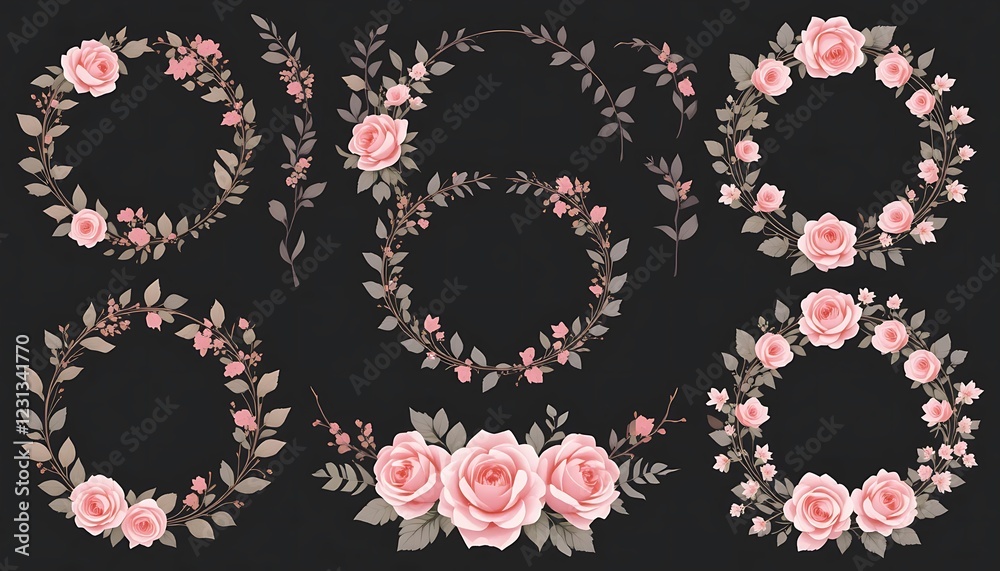 Elegant Collection of Pink Rose Floral Wreaths and Bouquets for Wedding Invitations and Romantic Designs