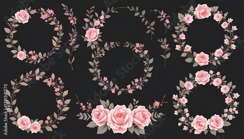 Obraz na płótnie Elegant Collection of Pink Rose Floral Wreaths and Bouquets for Wedding Invitations and Romantic Designs w salonie