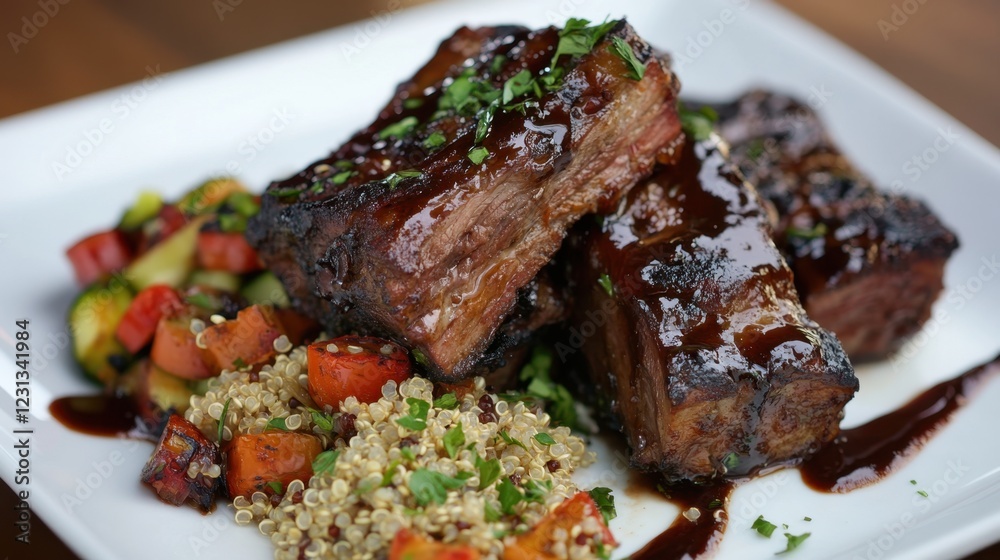 Grilled beef ribs with quinoa and vegetables on a white plate Grilled beef ribs with quinoa and vegetables on a white plate