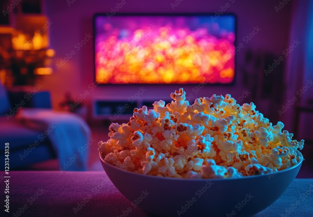 Cozy Movie Night with Family Streaming Content on TV with Popcorn and Remote Control Cozy Movie Night with Family Streaming Content on TV with Popcorn and Remote Control