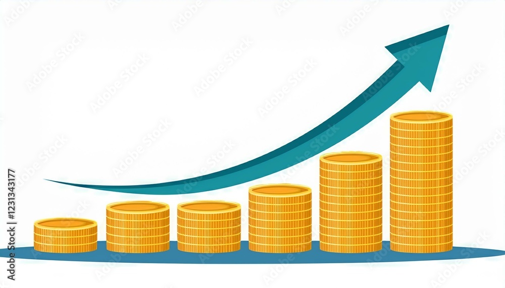 Business graph with arrow on white background. growth stock chart with coins investing icon, Uptrend stock market graph Business graph with arrow on white background. growth stock chart with coins investing icon, Uptrend stock market graph