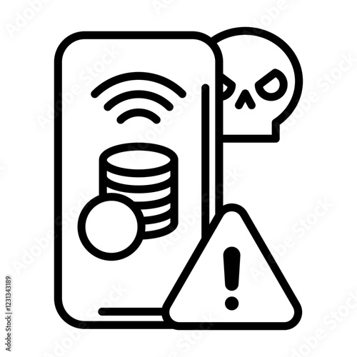 Fraud warning image icon. A mobile phone contains coins to be transferred. There are skulls and crossbones around it, along with a warning symbol.