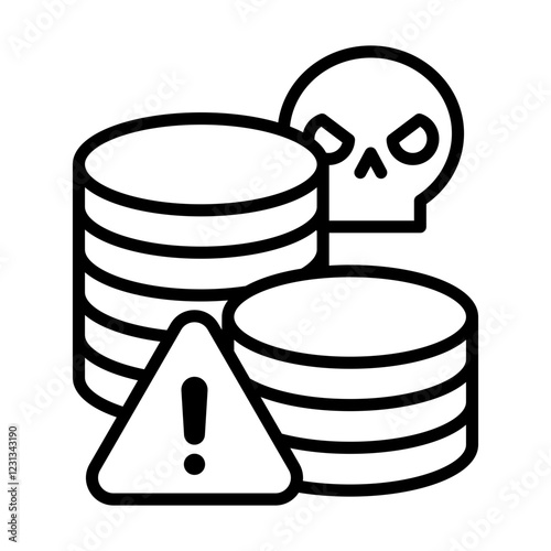 An image icon warning of fraud. It features a pile of coins, a skeleton and a warning symbol.