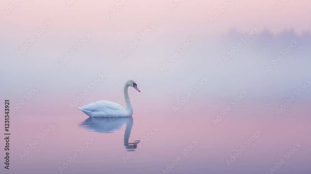 Fototapeta premium Graceful White Swan on Calm Pink Mist Shrouded Lake at Dawn