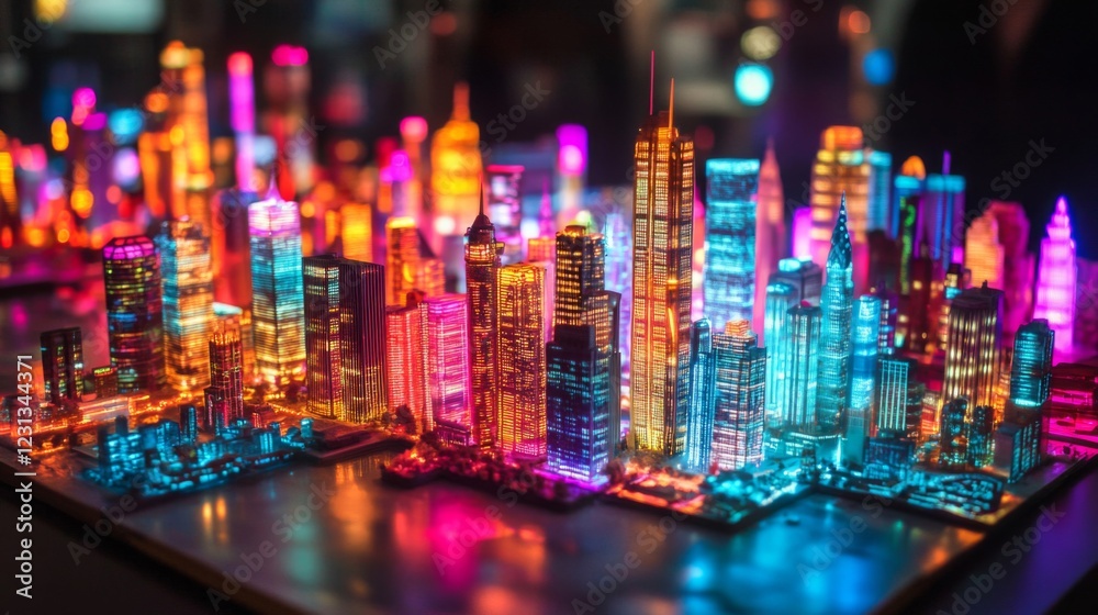 Obraz premium Colorful Illuminated City Model at Night