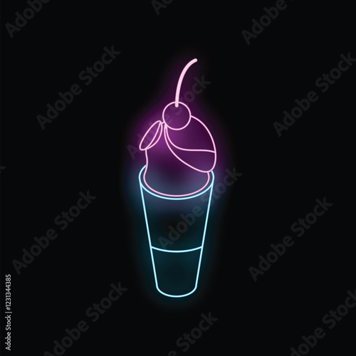Neon sign representing a milkshake with whipped cream and a cherry on top, on a black background