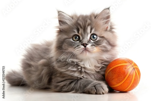 Adorable Gray Himalayan Kitten Playing with Basketball Toy