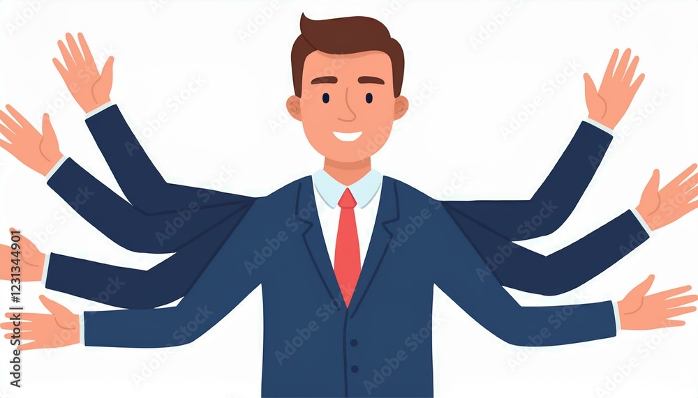 Business man with arms raised. Happy businessman with many hands Vector illustration in flat design. isolated on white background. Business man with arms raised. Happy businessman with many hands Vector illustration in flat design. isolated on white background.