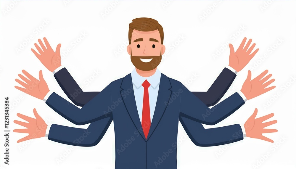 Business man with arms raised. Happy businessman with many hands Vector illustration in flat design. isolated on white background. Business man with arms raised. Happy businessman with many hands Vector illustration in flat design. isolated on white background.