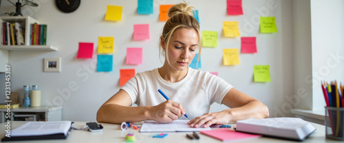 Focused young woman brainstorming college essay ideas at home, academic success