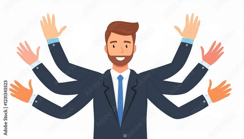 Business man with arms raised. Happy businessman with many hands Vector illustration in flat design. isolated on white background. Business man with arms raised. Happy businessman with many hands Vector illustration in flat design. isolated on white background.