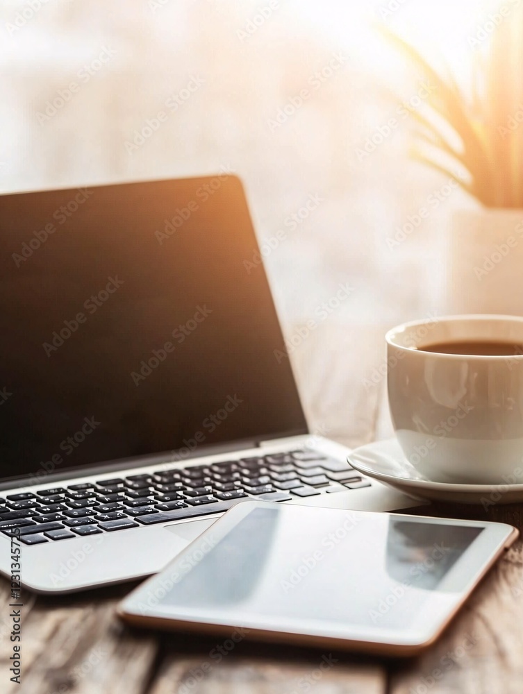 Fototapeta premium A tech-savvy entrepreneur building a digital product using a sleek laptop and tablet, with a minimal workspace.