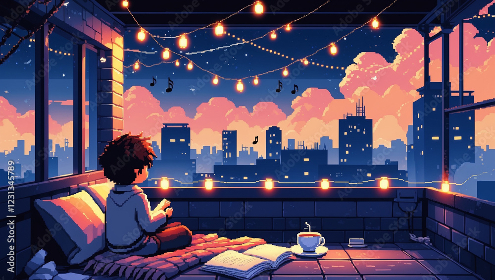 ピクセルアートのイラストでは、夕焼けの屋上で少年がくつろいでいる様子が描かれている。