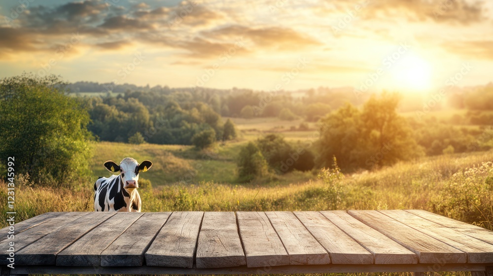 Obraz premium Idyllic Sunset over Rolling Hills with a Curious Calf