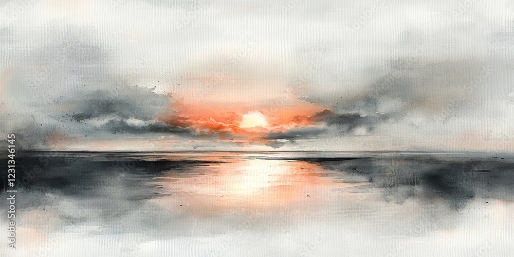Obraz premium A serene watercolor painting of a sunset over the ocean, featuring soft clouds and warm hues reflecting on the water's surface.