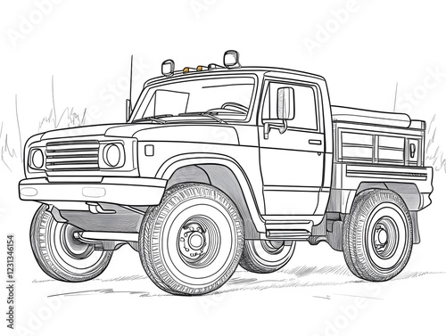Detailed Line Drawing of Rugged Pickup Truck for Kid s Coloring Activity