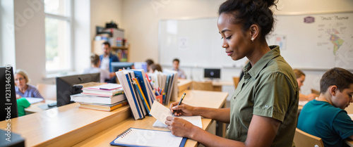Young adult smiling while managing school reception desk, welcoming atmosphere