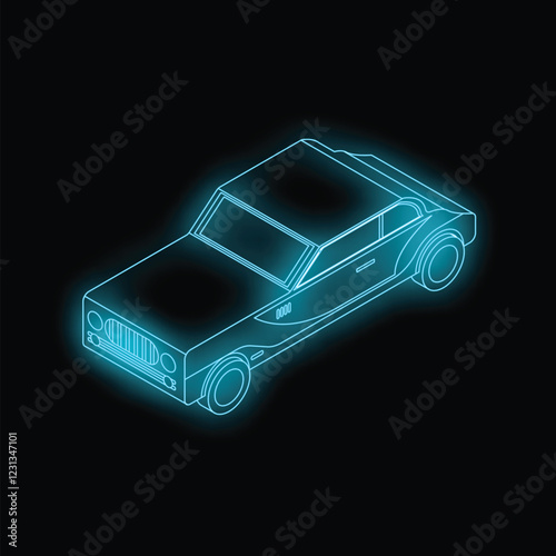 Neon blue classic sports car glowing on dark background, digital illustration in isometric projection
