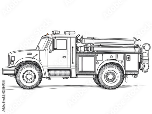 Detailed Sketch of a Fire Truck Emergency Response Vehicle for Coloring