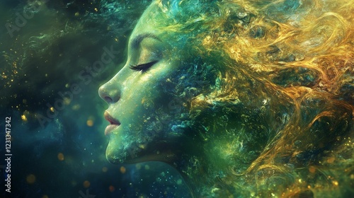 Abstract art of a woman with nature elements and glowing particles