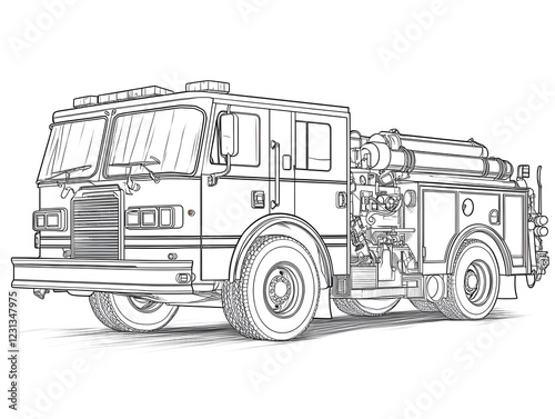 Blank Line Drawing of a Fire Truck for Kids Coloring Activity