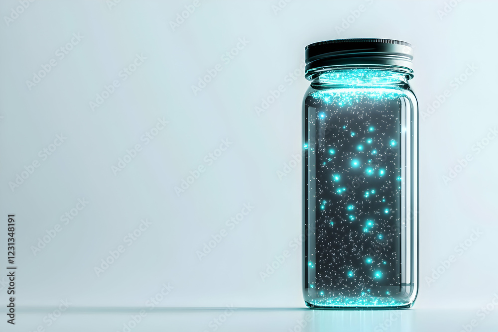 Glass jar with suspended glowing particles on a stark white background Glass jar with suspended glowing particles on a stark white background