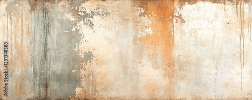 A textured wall with a blend of gray, beige, and rust colors, featuring drips and stains that create an aged and weathered appearance.