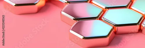 Panel kuchenny z motywem Hexagonal grid with reflective metallic surfaces on a coral pink backdrop