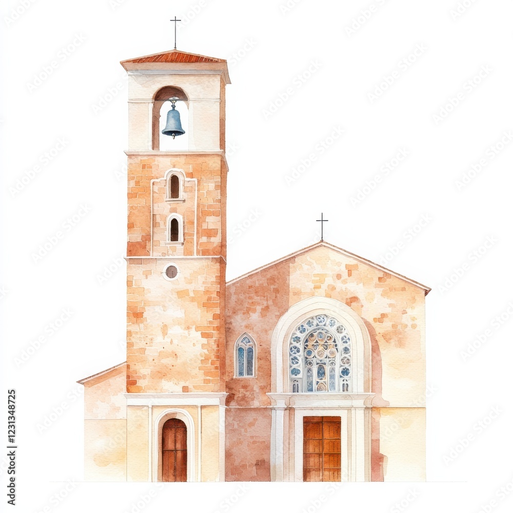 Obraz premium Watercolor architectural beauty bell tower in mediterranean village exterior view tranquil environment, isolated on white background