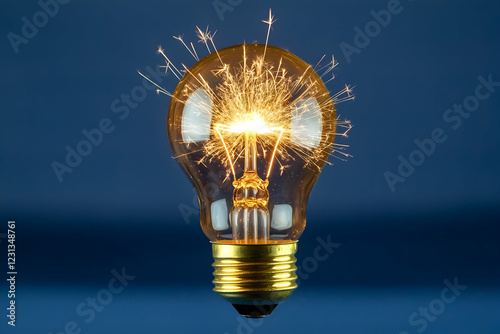 Light bulb glowing with filament sparks on a royal blue background
