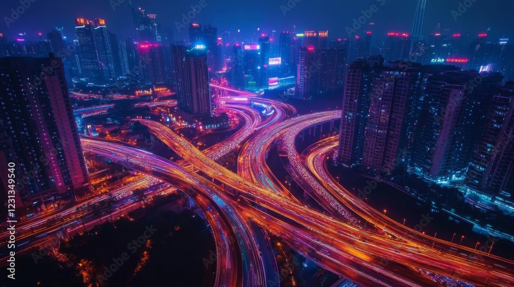 Obraz premium Aerial View of Illuminated City Highway at Night