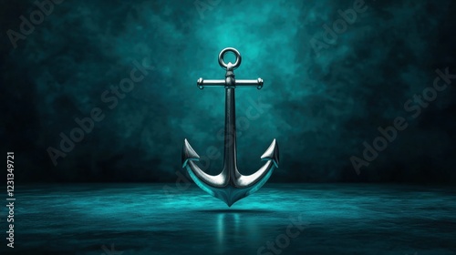 Metallic anchor against a teal smoky background