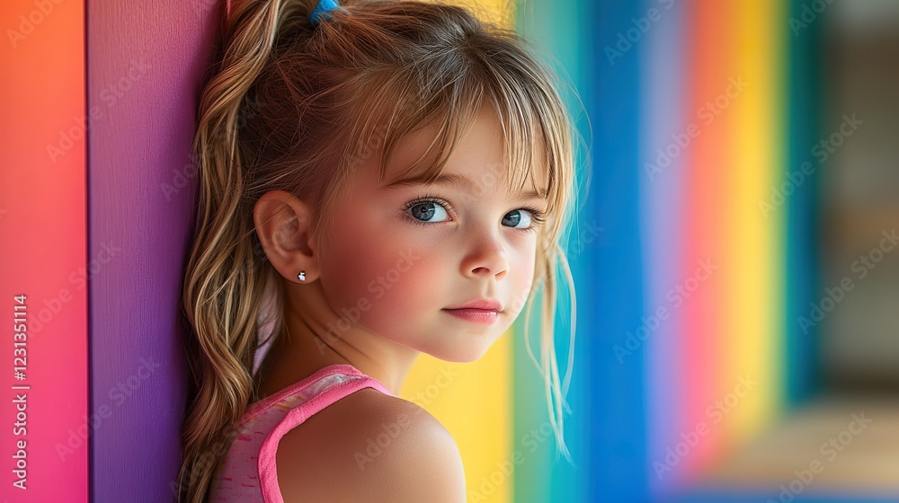 A Young Girl Poses Against A Colorful Rainbow Background A Young Girl Poses Against A Colorful Rainbow Background