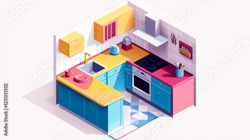 Vibrant isometric illustration of a modern kitchen with colorful cabinets and geometric design elements.
